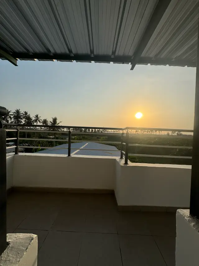 Coucher de soleil sur les palmiers depuis la terrasse de la ferme SmartFarm